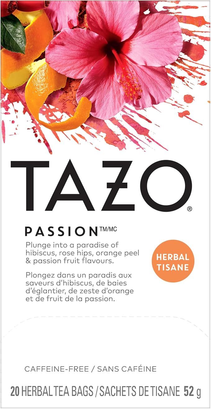 TAZO Passion Hibiscus Herbal Tea Bags - 20 Count (Pack of 1), Vibrant and Tropical, Naturally Caffeine Free, Enjoy Hot or Iced