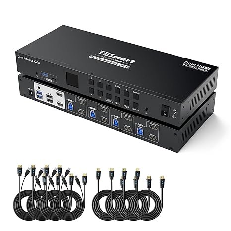 TESmart HDMI KVM Switch 4 Computers 2 Monitors 4K@60Hz, Dual Monitor KVM w/EDID Emulators, USB 2.0, Rackmount 1U, Audio Output, Hotkey Switching, Includes All Input Cables