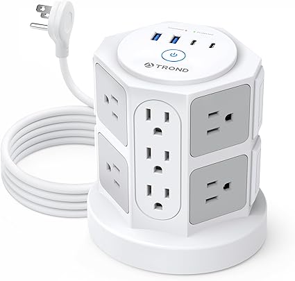 TROND Tower Power Bar Surge Protector with USB C, 14 Widely Spaced Outlets, 6ft Flat Plug Extension Cord Indoor, Vertical Desk Charging Station for Home Office Dorm Room Essentials, White