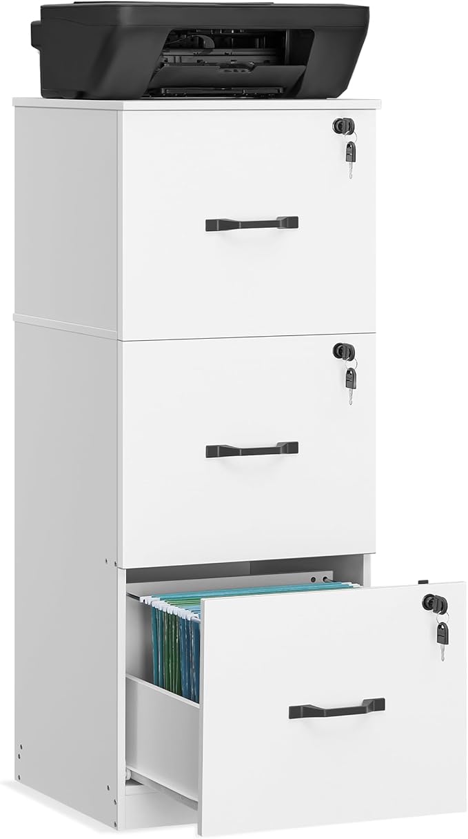 VASAGLE 3 Drawers File Cabinet with Lock, Printer Stand, Office Filing Cabinet Organizer, for A4 and Letter Size Documents, Cloud White UOFC055W14