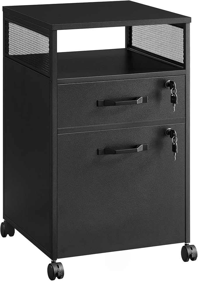 VASAGLE File Cabinet, Mobile Filing Cabinet with Wheels, 2 Lockable Drawers, Open Shelf, for A4, Letter Size, Hanging File Folders, Ink Black UOFC077B16