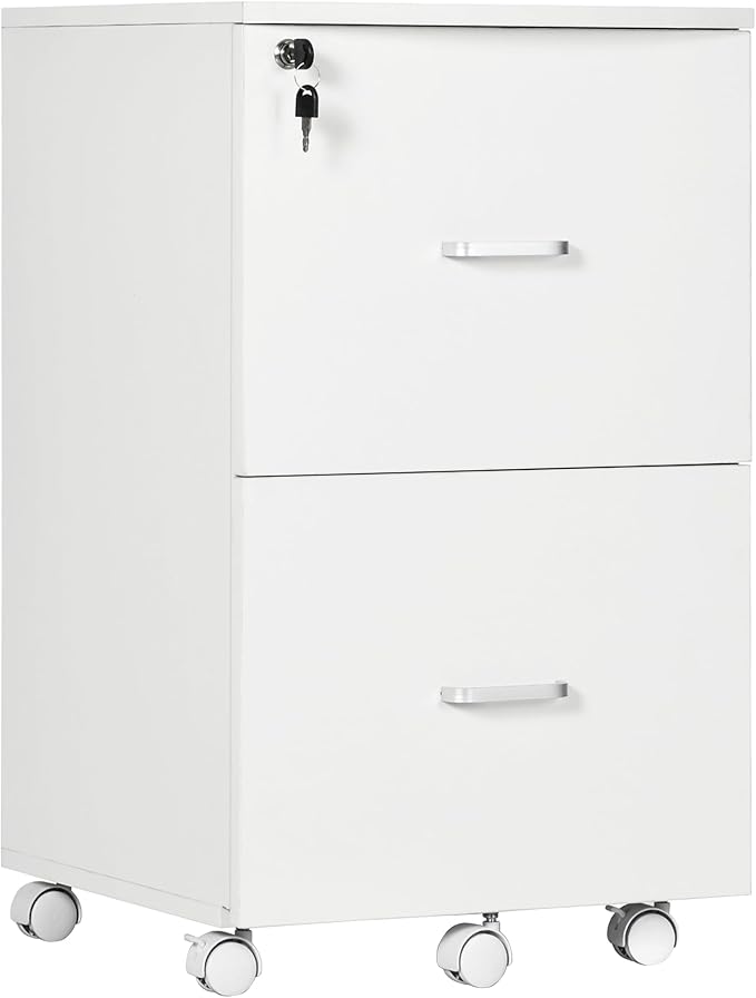 Vinsetto 2 Drawer File Cabinet, Small Rolling Filing Cabinet with Lock for A4, Letter-Size Documents, Printer Stand for Home Office, 17" x 17.75" x 28.25", White