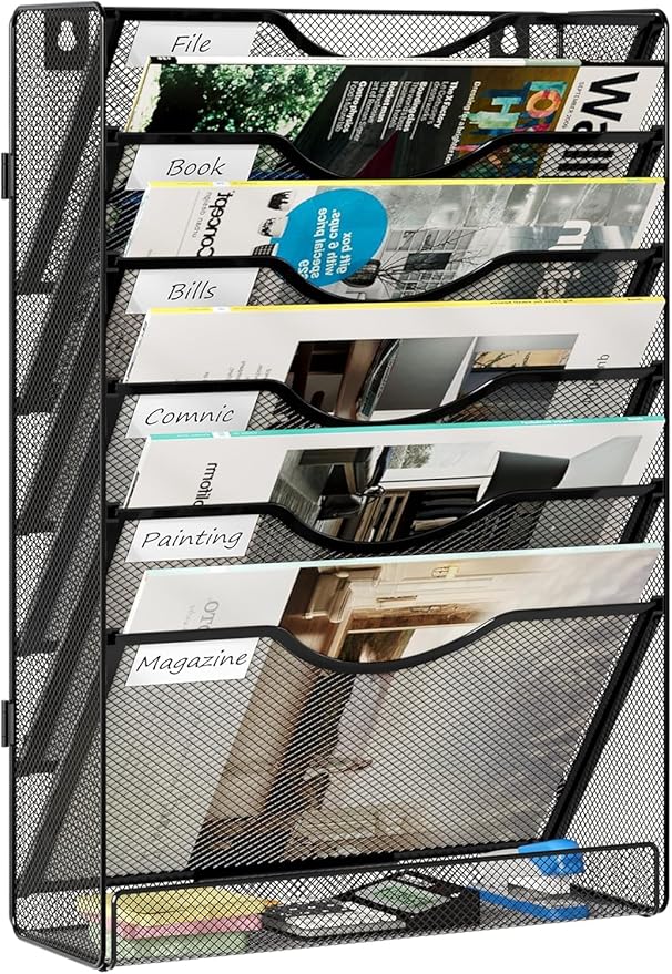 Wall File Holder 7 Tier Assembly Hanging File Folder Organizer Mesh Desk Paper Magazine Document Rack, Black