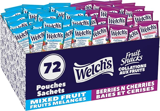 Welch's Fruit Snacks, Mixed Fruit & Berries 'N Cherries, Bulk Pack, Gluten Free, Individual Single Serve Bags, 22g (Pack of 72)