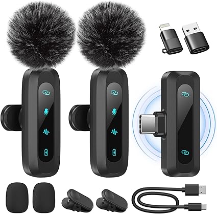 Wireless Lavalier Microphone for iPhone, iPad, Android Phone，2-Pack Mini Microphone with Noise Reduction, Auto Pairing and Mute & Reverb for Vlogging, Video Recording, TikTok, YouTube - Plug & Play
