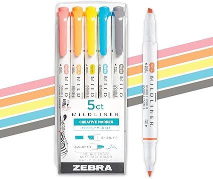 Zebra Pen MILDLINER Dual-Tip Highlighter Set, Broad and Fine Tips, No Bleed, Ideal for Bible Highlighting, Journaling, Note-Taking and School Supplies, Assorted Friendly Ink Colour, 5-Pack (78505)